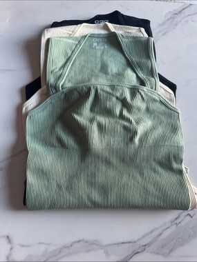 OQQ Ribbed Halter Tank Top - Sage Green black and cream